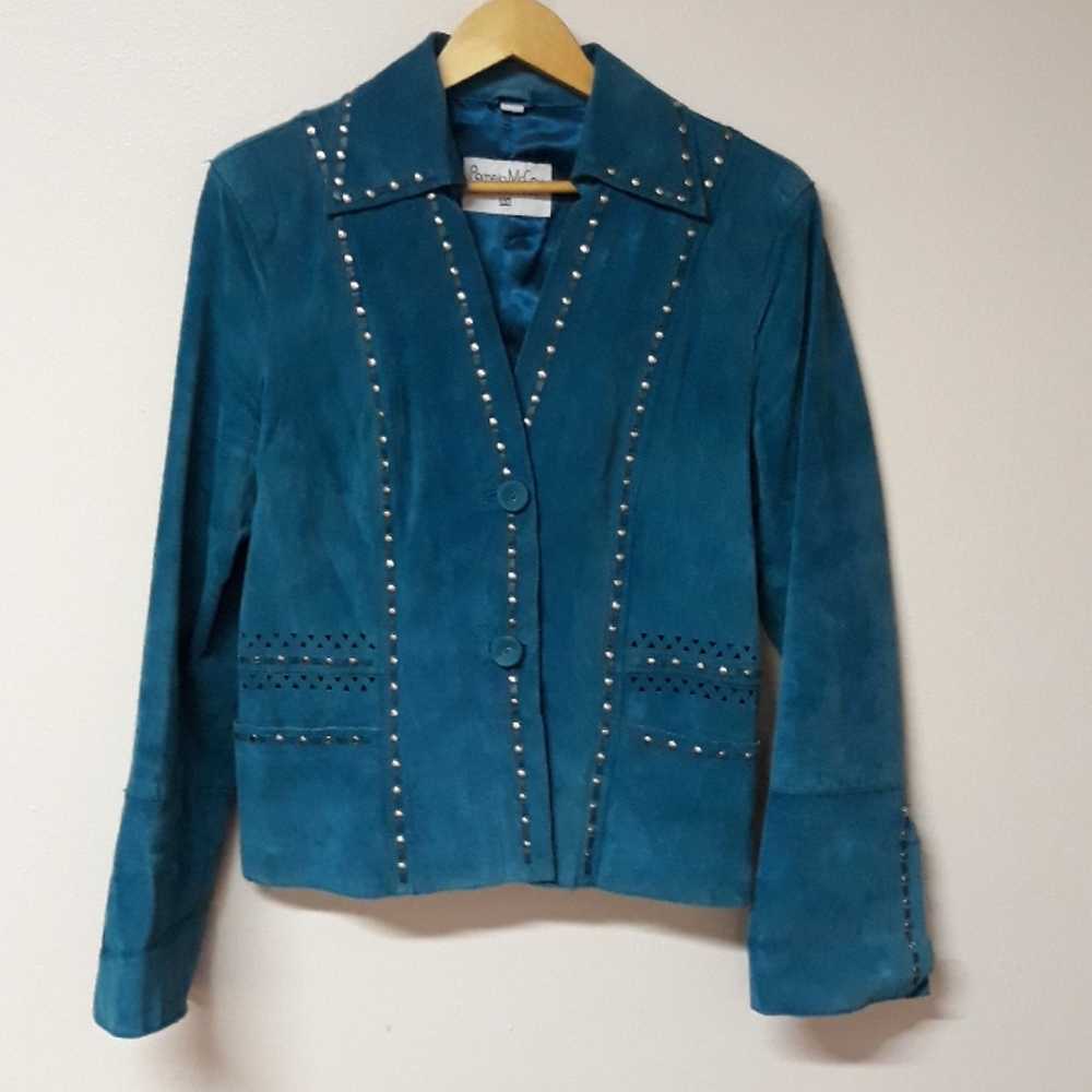 Pamela McCoy embellished teal leather jacket